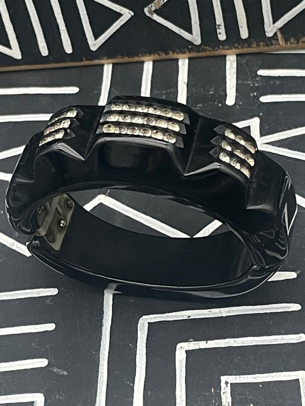 Black Bakelite Art Deco Clamper Bracelet Rhinestone Machine Age Small Wrist size